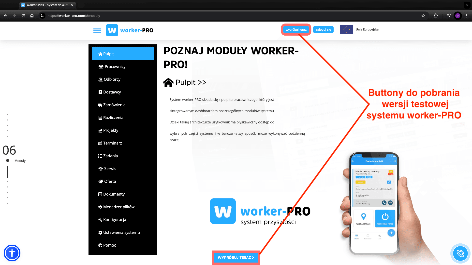 Krok 3 / Pobranie wersji testowej systemu worker-PRO / instalacja aplikacji mobilnych / przygotowani systemu do testów + moduł pomocy worker-PRO.